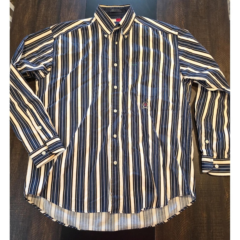 Vintage Tommy Hilfiger Button Up Shirt Stripes Long Sleeve Blue Cotton sz Medium